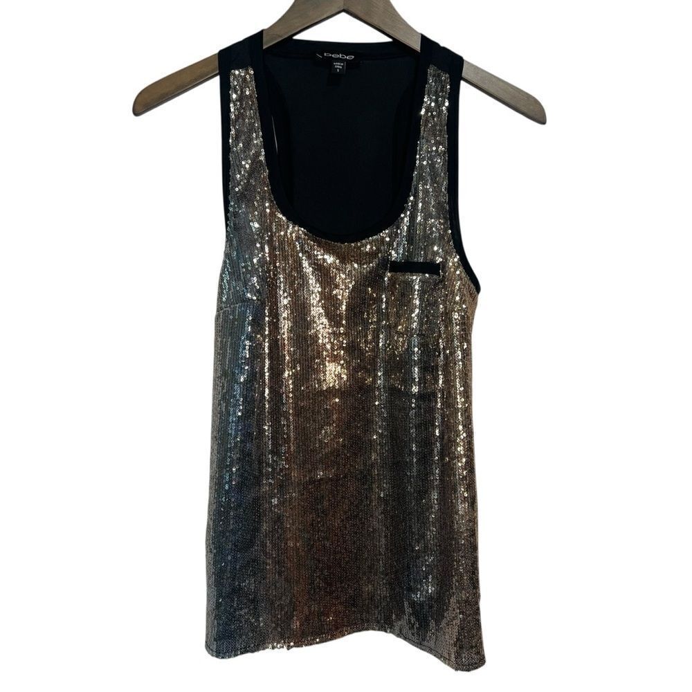 Bebe Sequined Racerback Tank Top size Small Black Gold Party Club Holiday